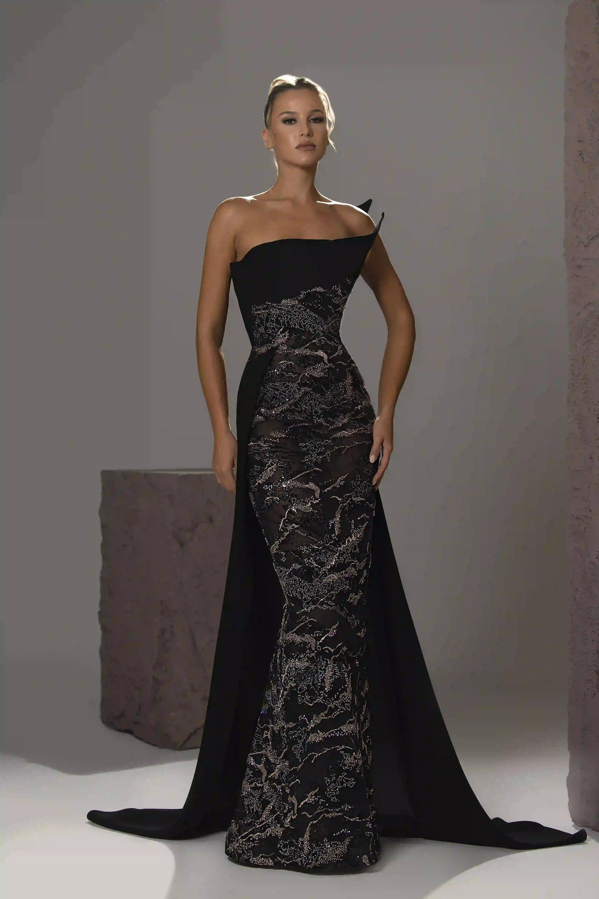 Strapless Beaded Overskirt Gown