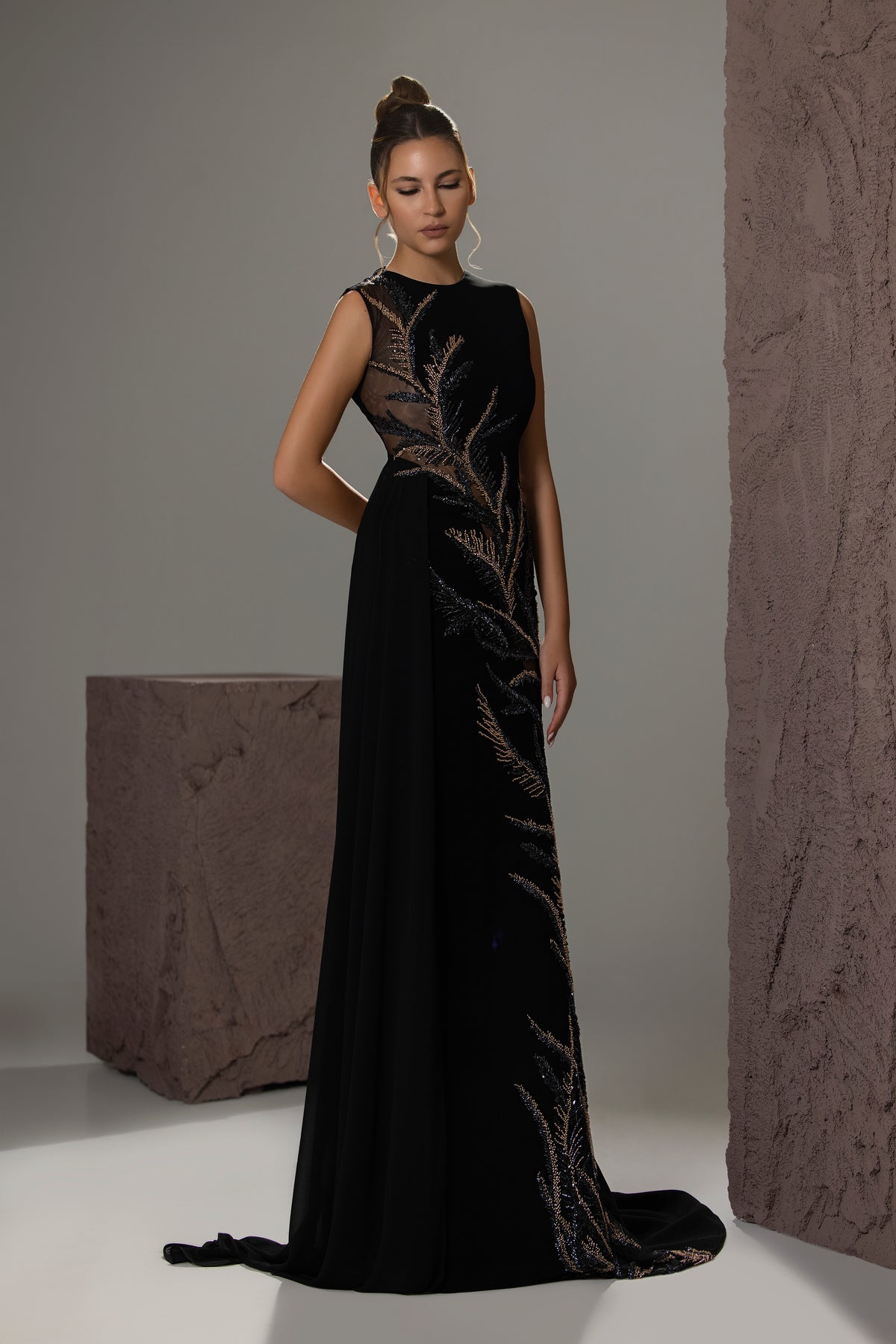 Illusion Beaded Overskirt Gown