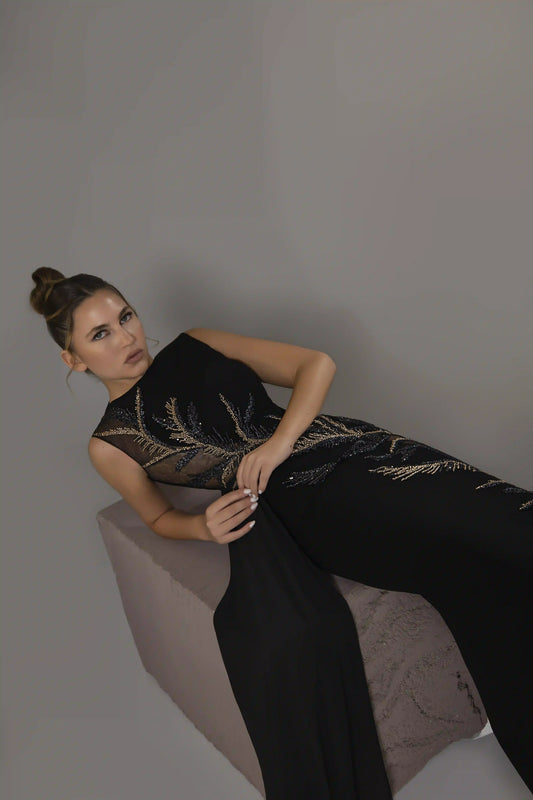 Illusion Beaded Overskirt Gown