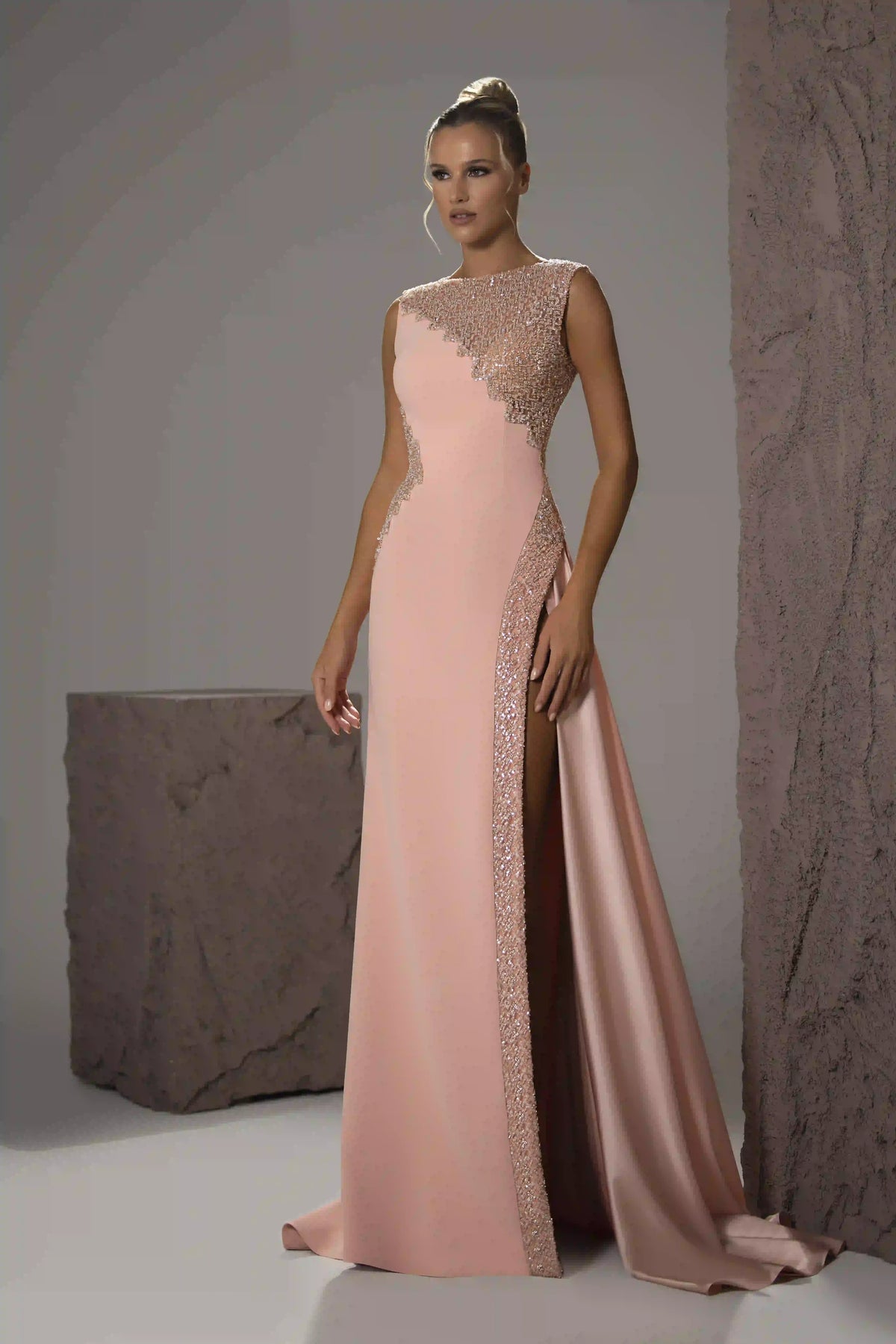 Crystal-Trimmed Slit Gown