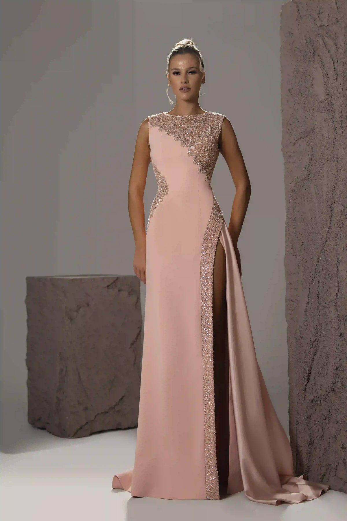 Crystal-Trimmed Slit Gown