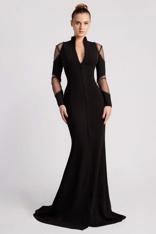Crepe and Tulle Long Sleeve Mermaid Gown