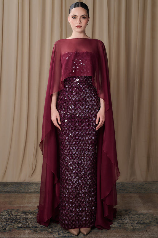 Floral Sequin Cape Gown
