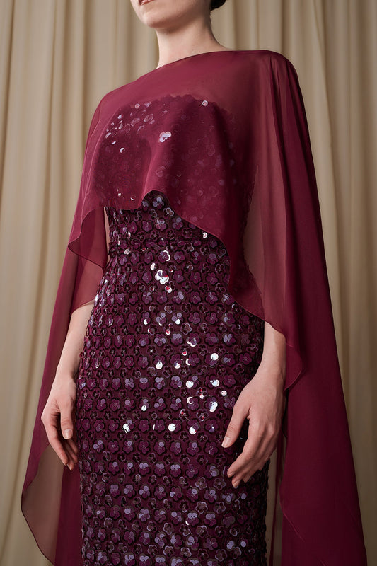 Floral Sequin Cape Gown