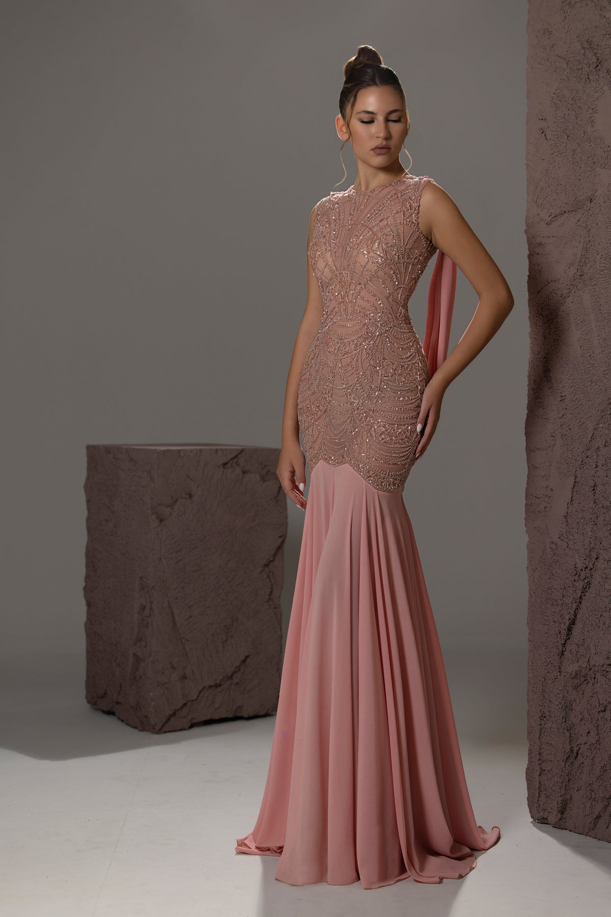 Beaded Drop-Waist Trumpet Gown