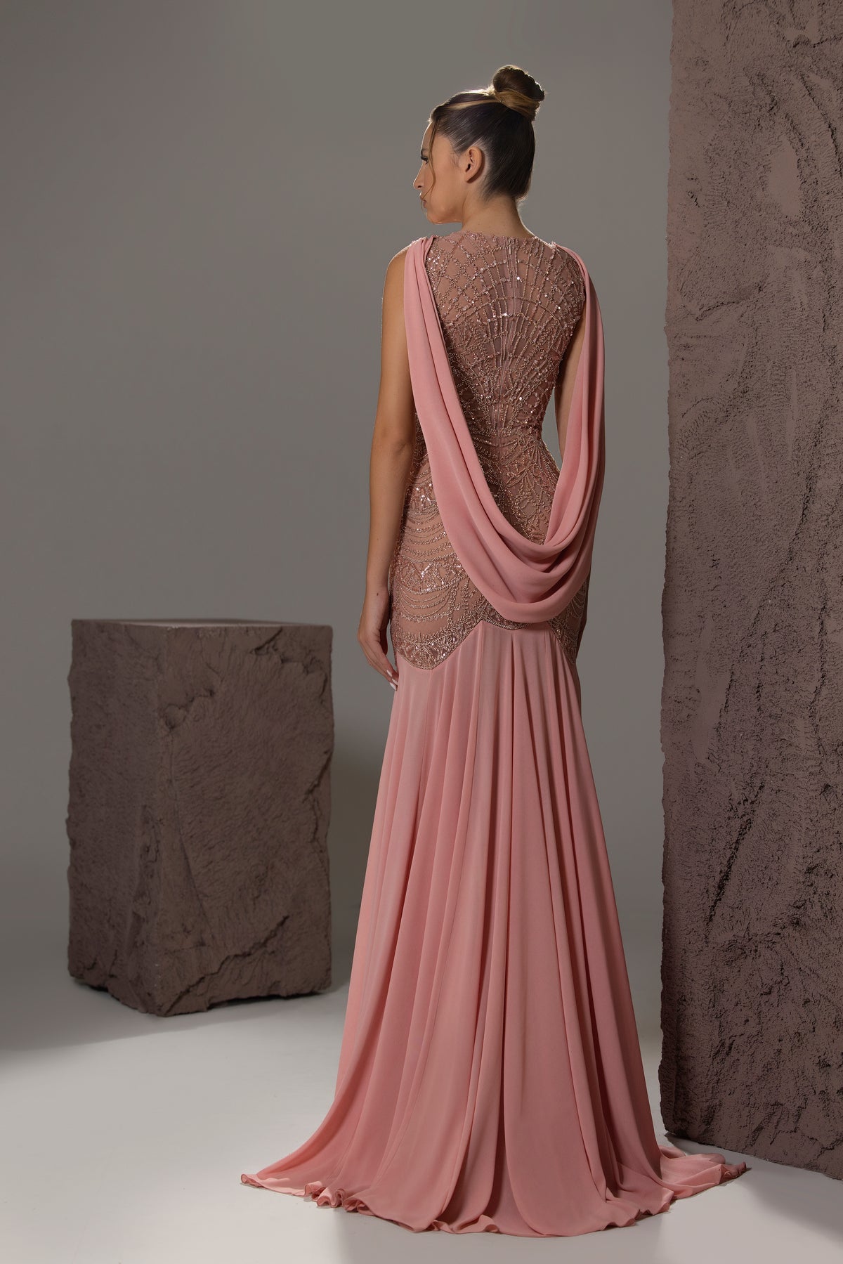 Beaded Drop-Waist Trumpet Gown