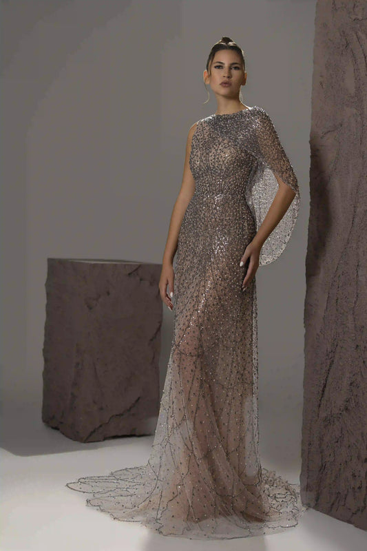 Sequin Cape-Sleeve Gown