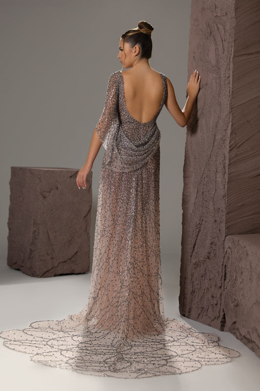 Sequin Cape-Sleeve Gown
