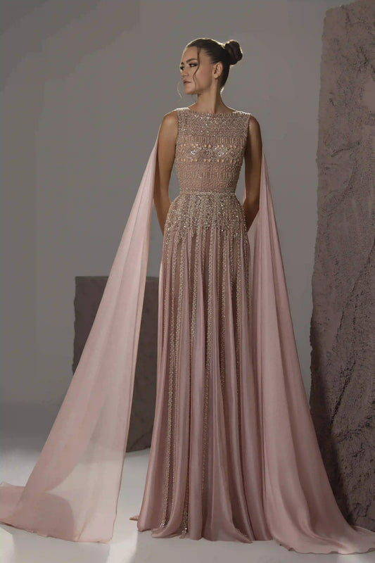Beaded Bateau Cape Gown