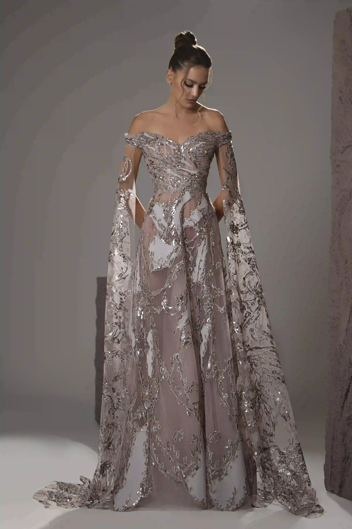 Off-Shoulder Sequin Cape Gown