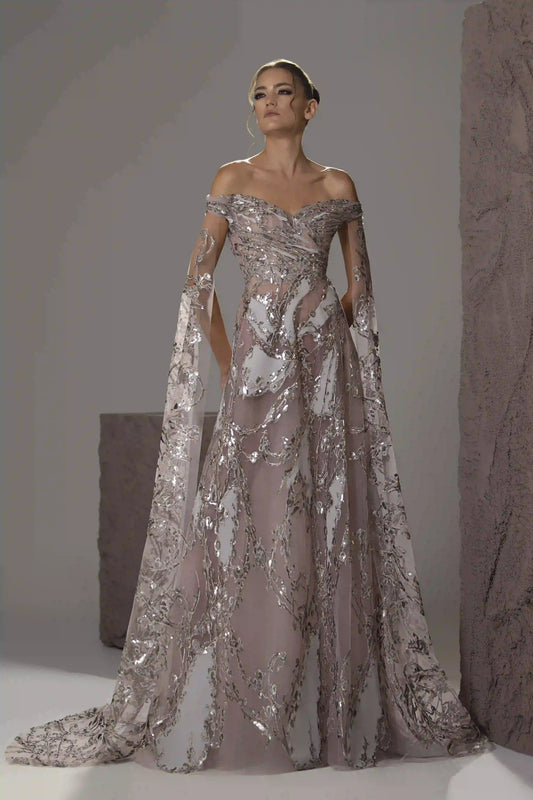 Off-Shoulder Sequin Cape Gown