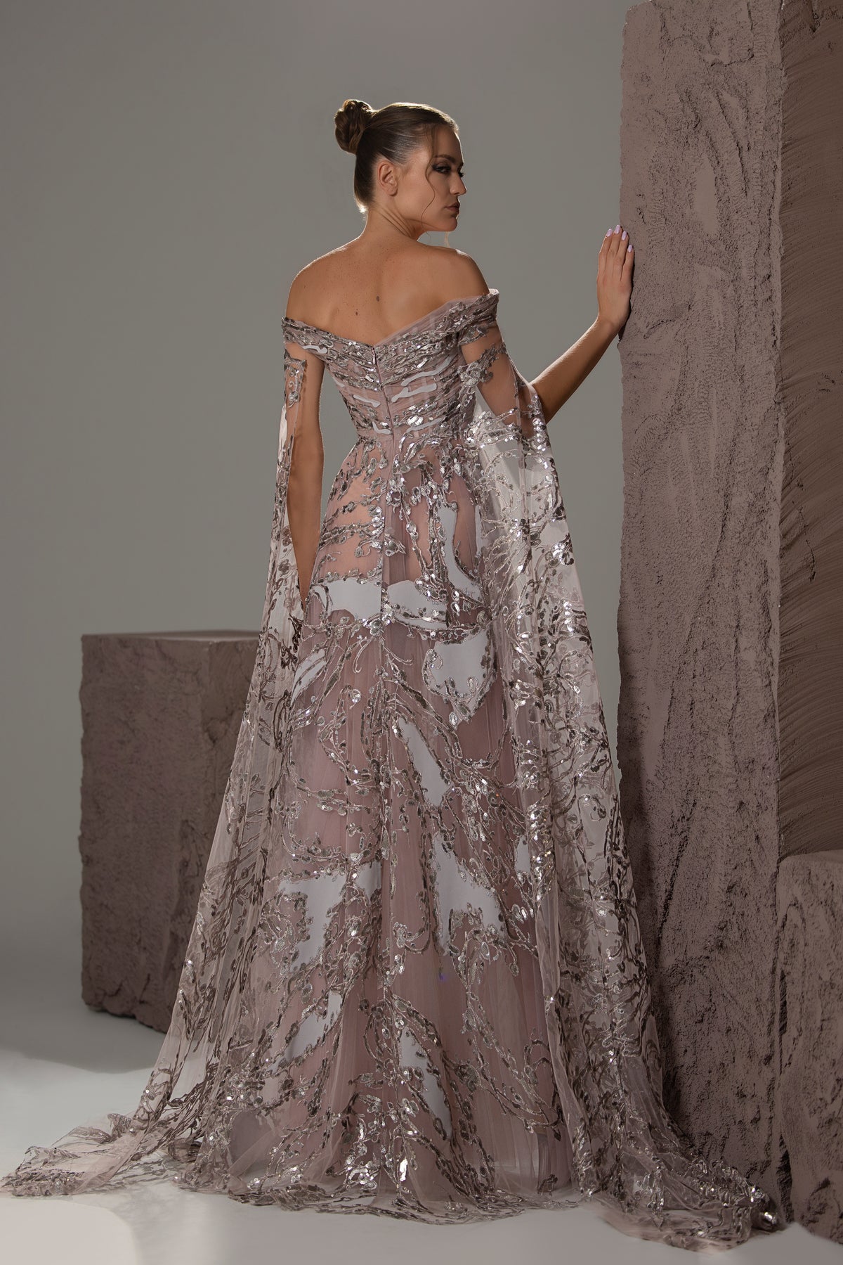 Off-Shoulder Sequin Cape Gown