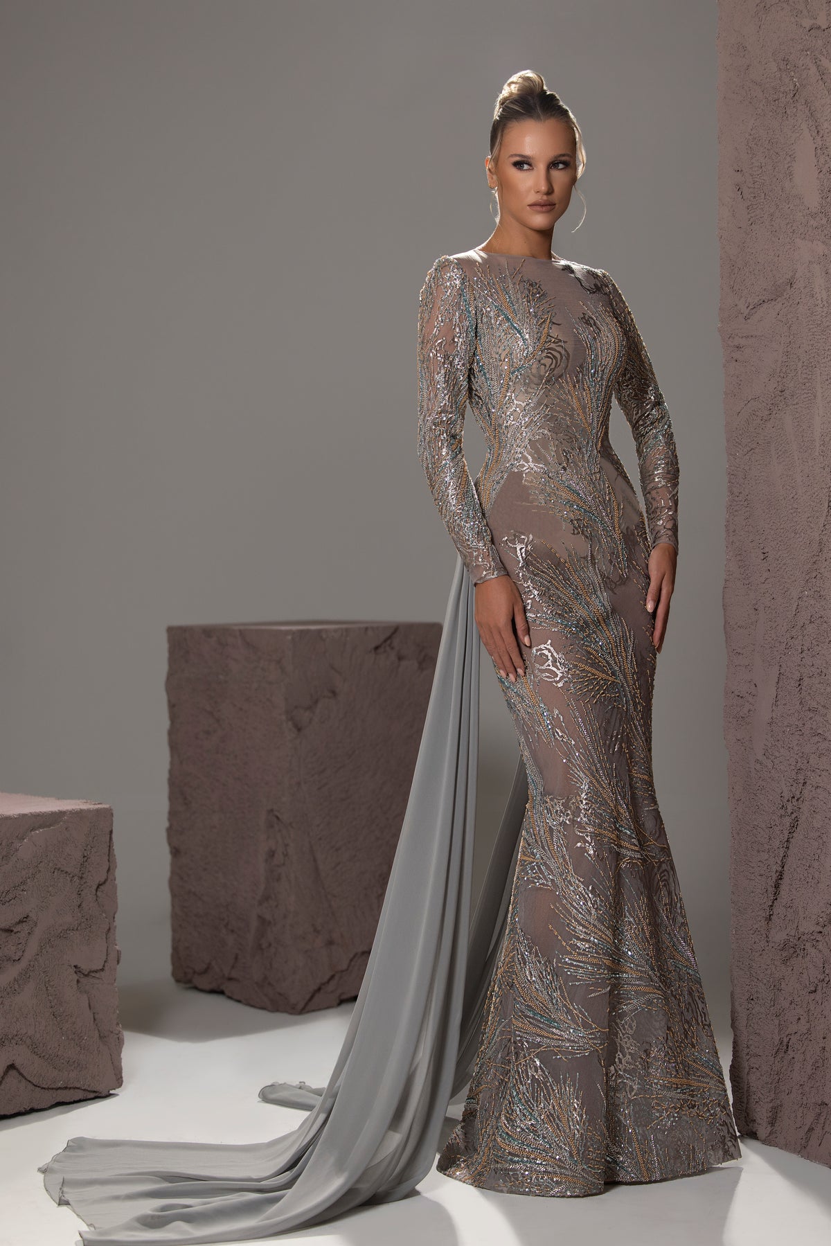 Long-Sleeve Embellished Mermaid Gown