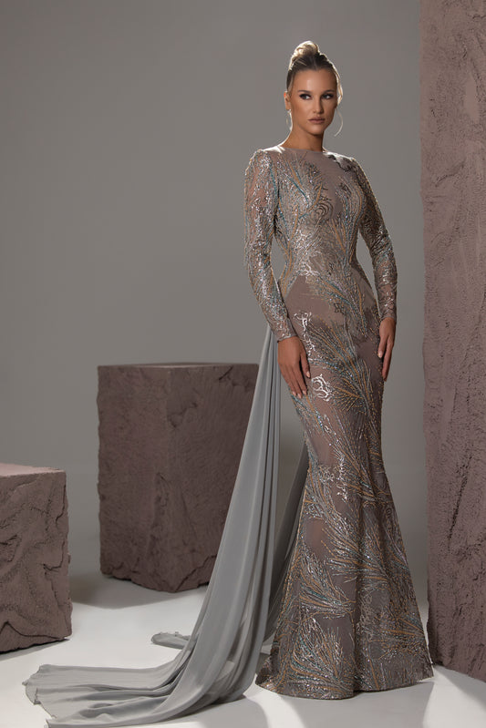 Long-Sleeve Embellished Mermaid Gown