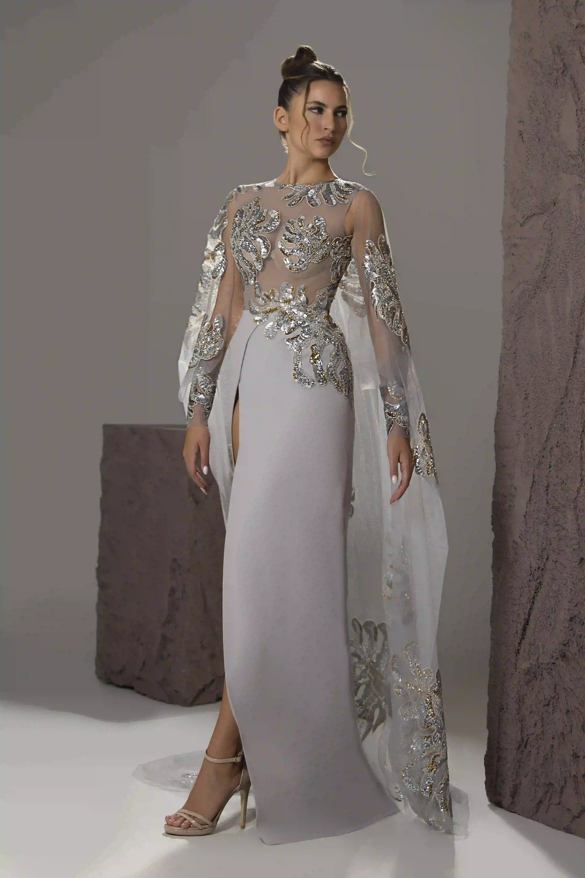 Appliqué Illusion Cape Gown
