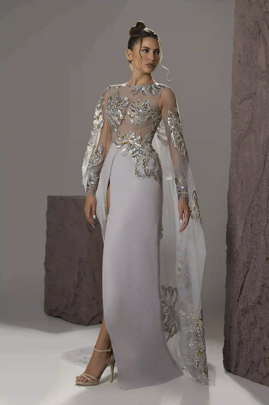 Appliqué Illusion Cape Gown