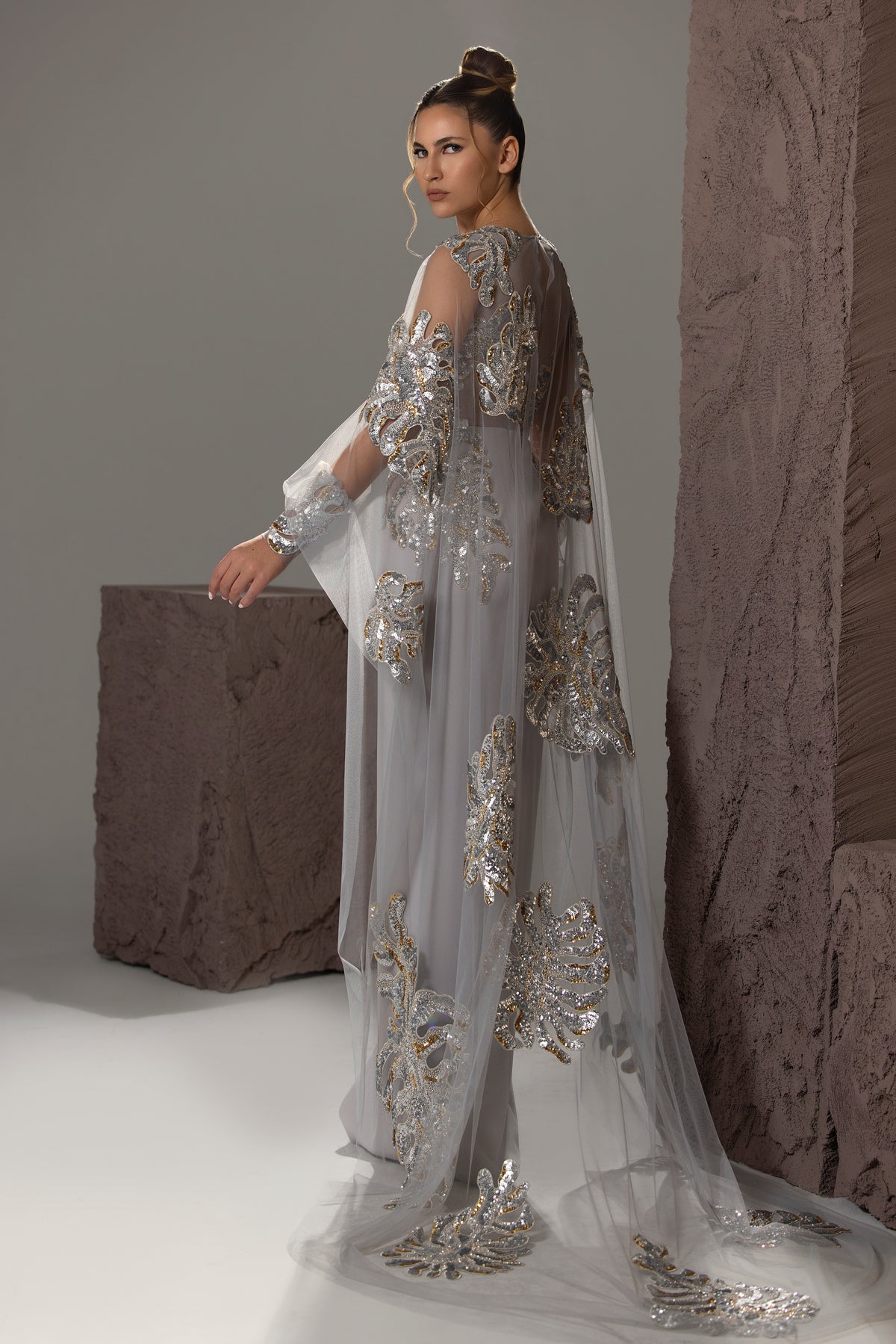 Appliqué Illusion Cape Gown