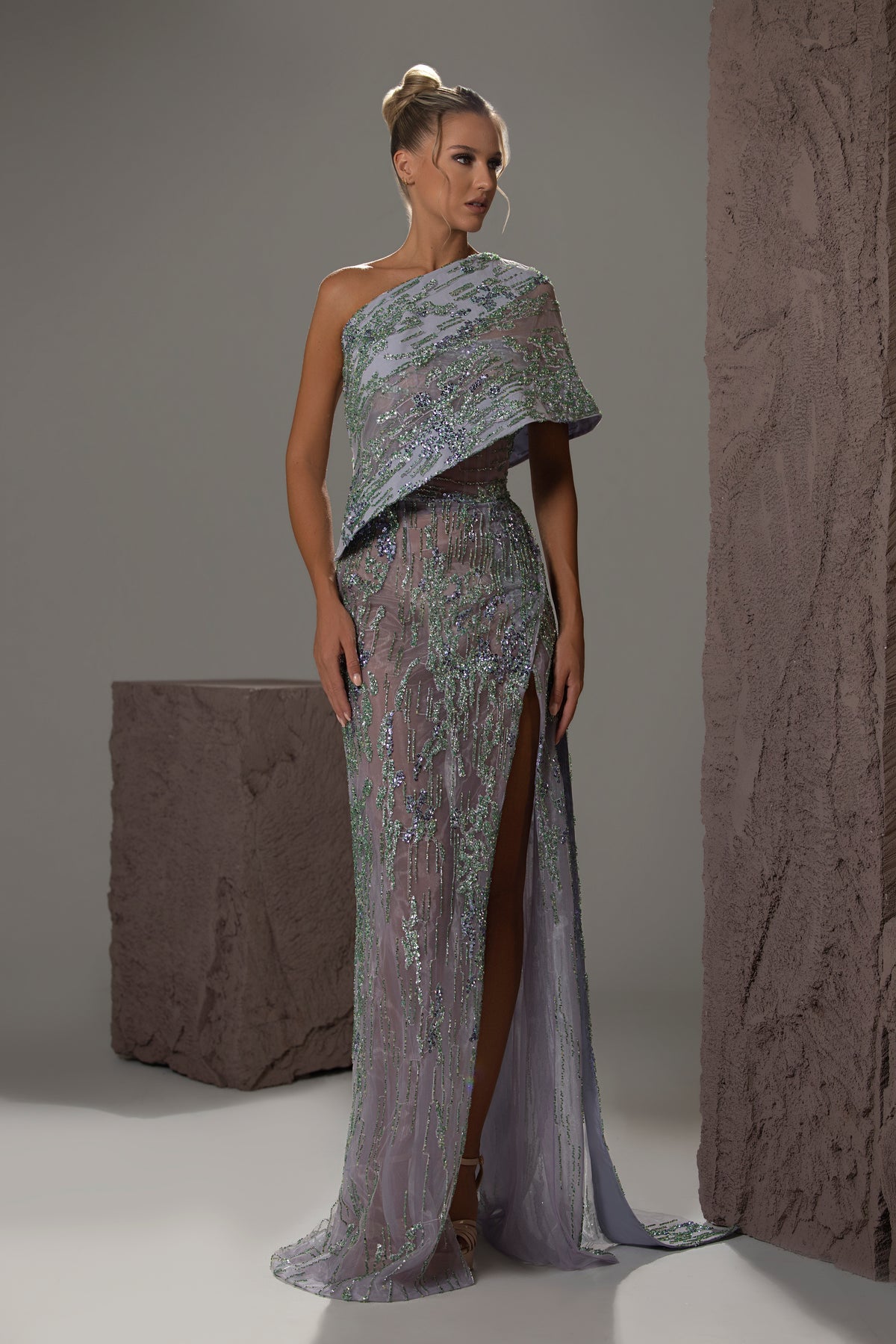 One-Shoulder Draped Beaded Gown