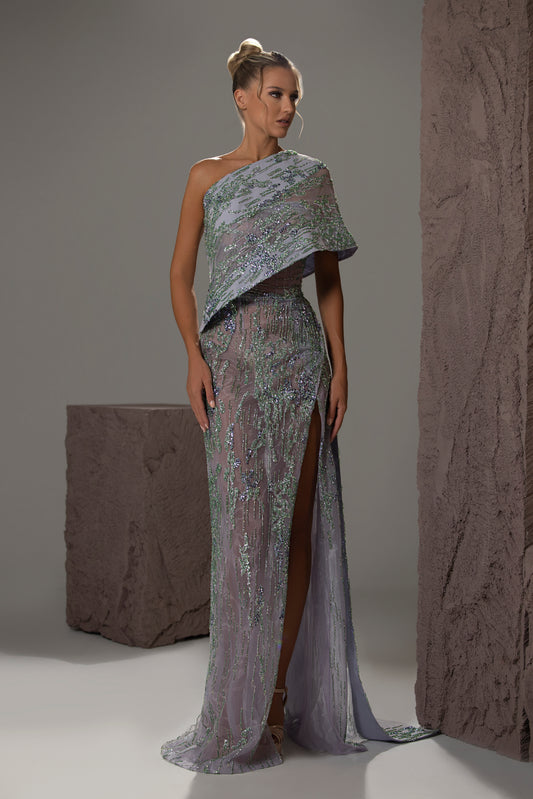 One-Shoulder Draped Beaded Gown
