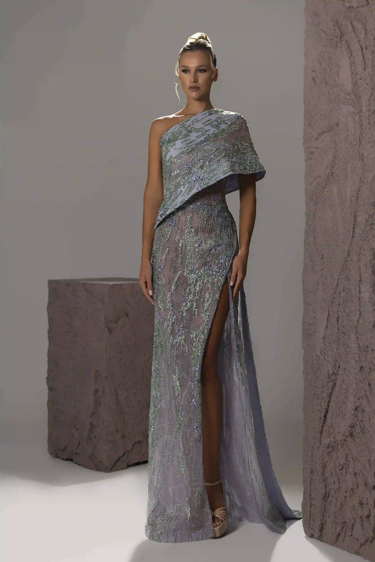One-Shoulder Draped Beaded Gown