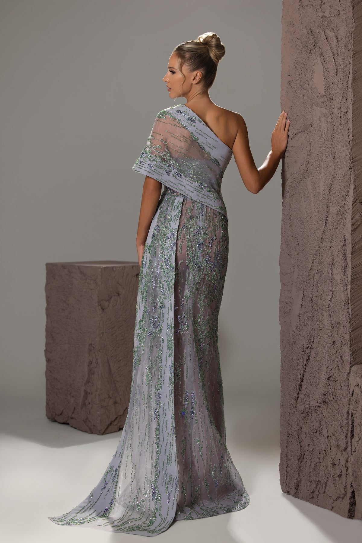 One-Shoulder Draped Beaded Gown
