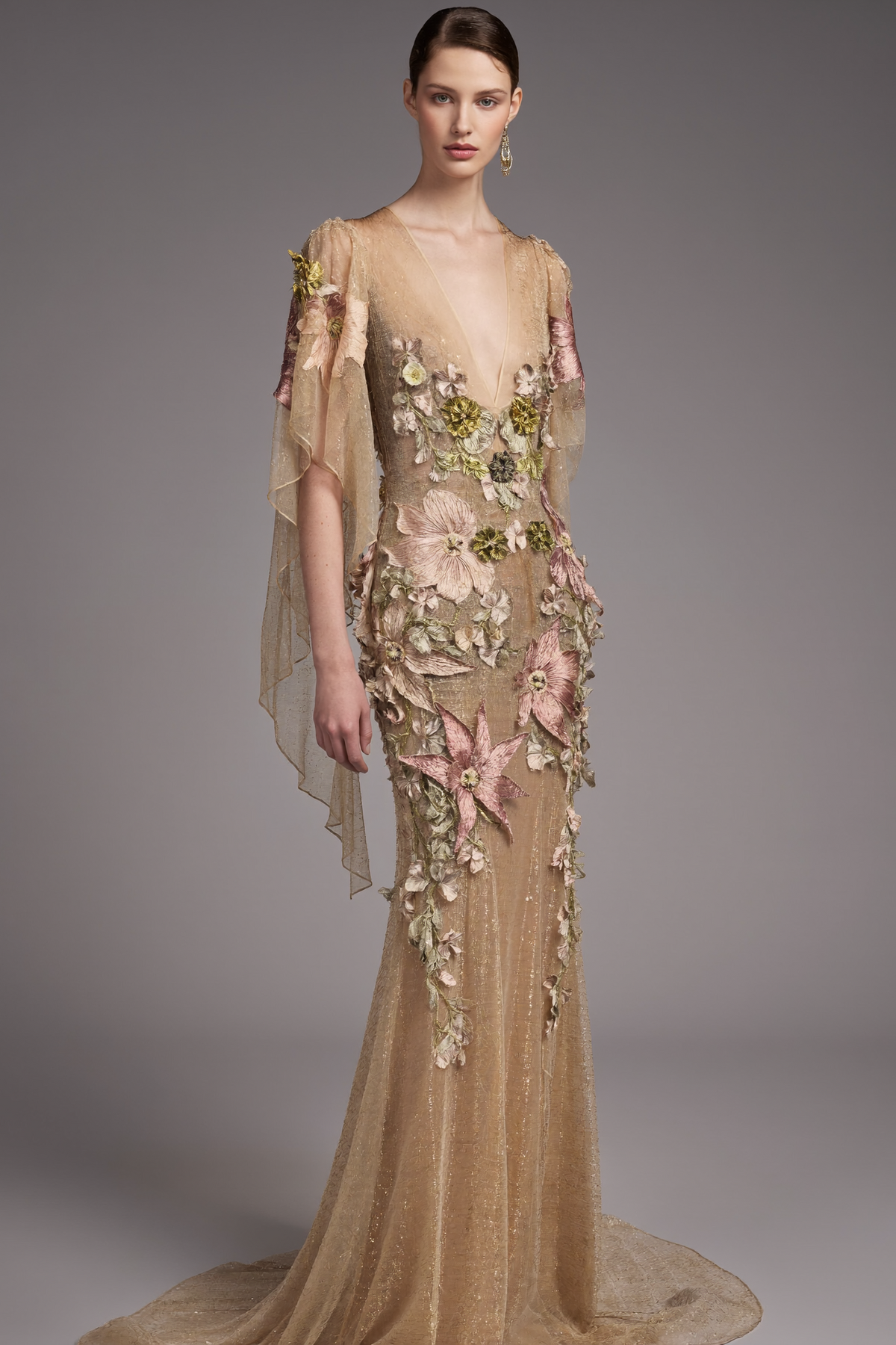 Draped Sleeve Floral Appliqué Gown