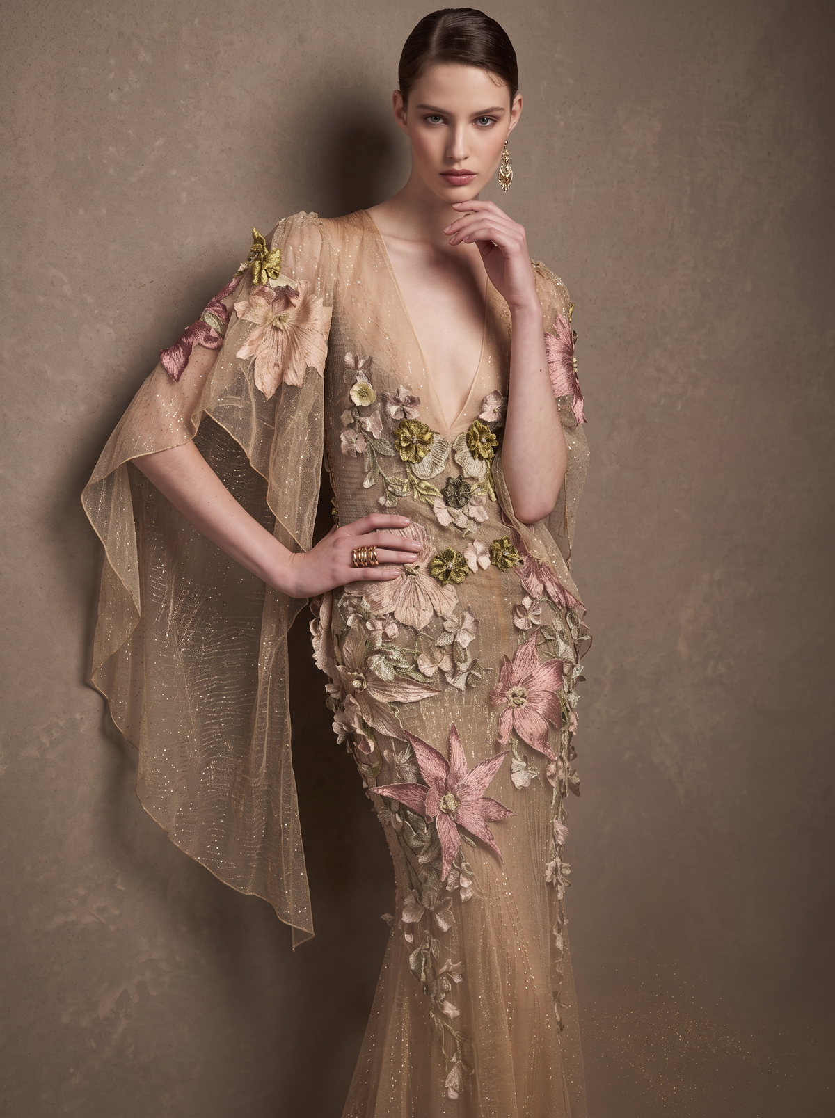 Draped Sleeve Floral Appliqué Gown