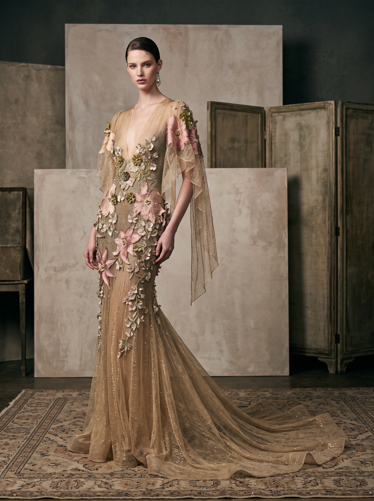 Draped Sleeve Floral Appliqué Gown