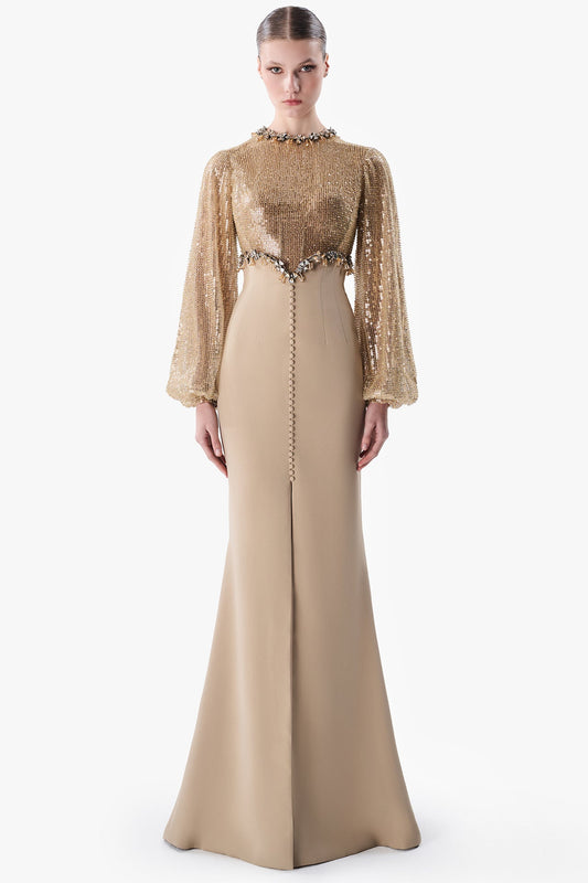 Sequined Bodice Crepe Gown