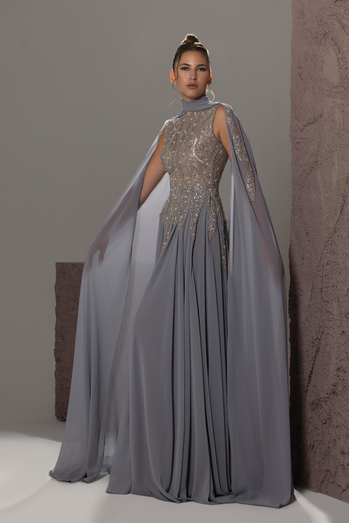 High-Neck Beaded Cape Gown
