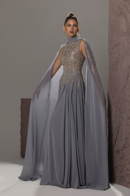 High-Neck Beaded Cape Gown