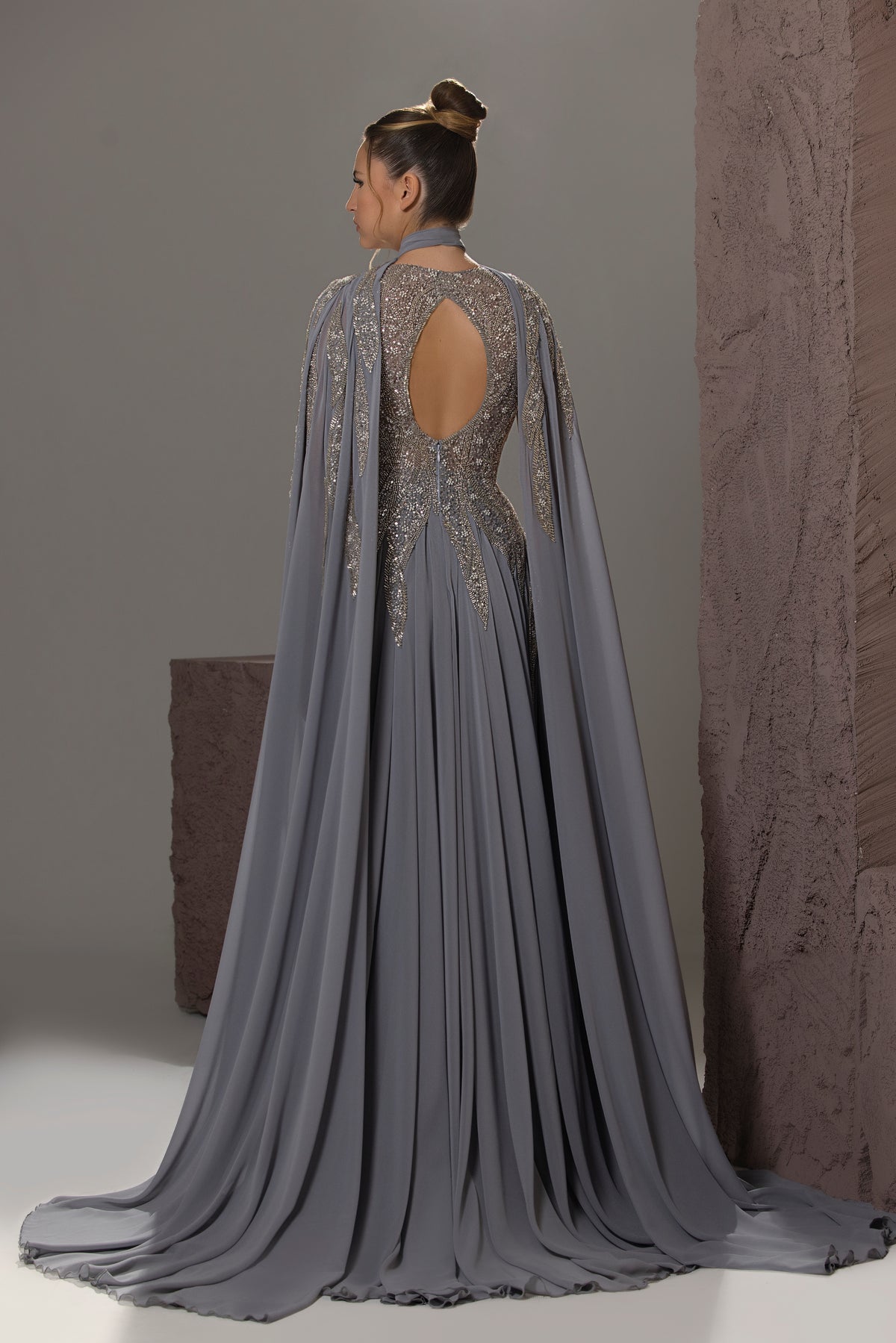 High-Neck Beaded Cape Gown