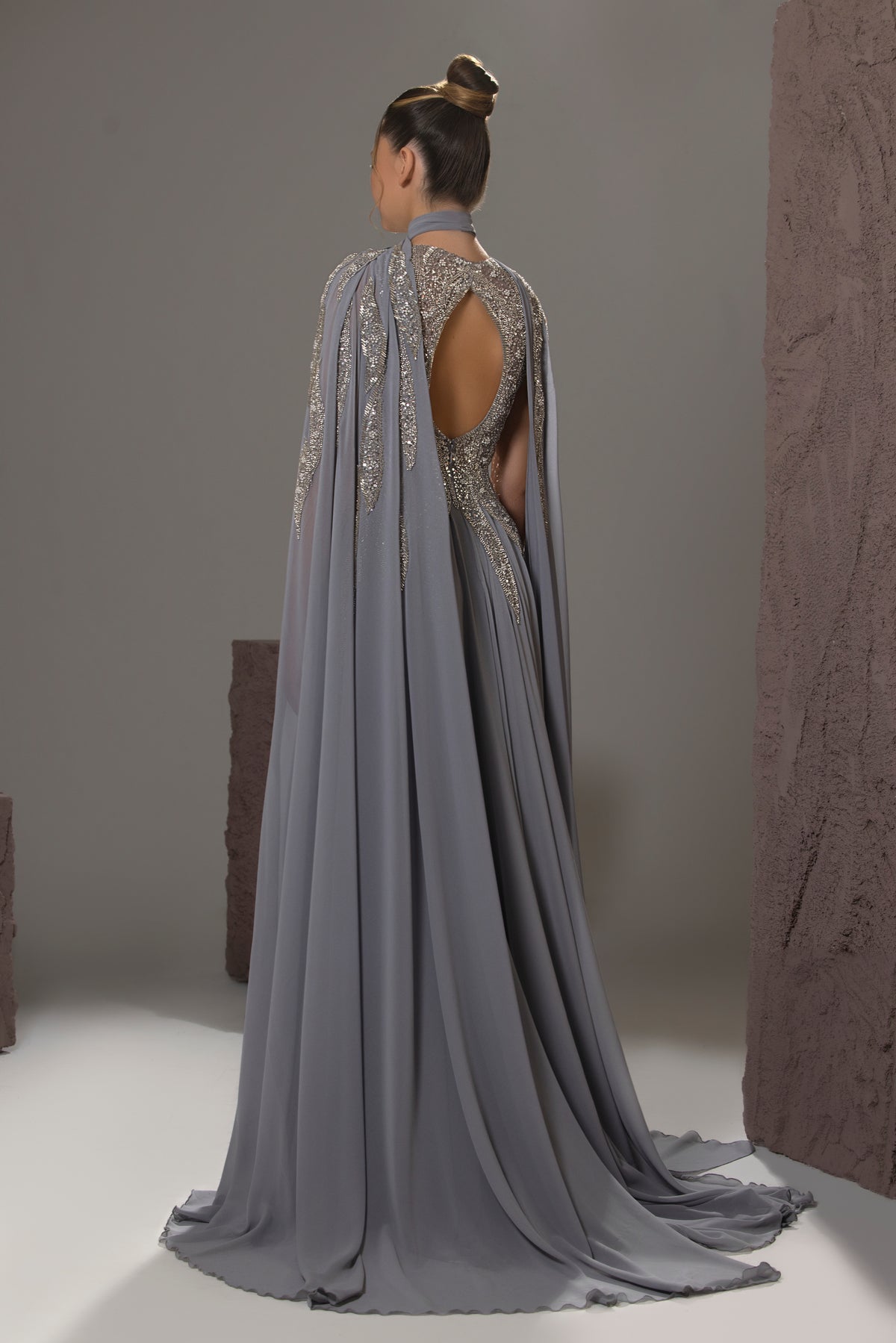 High-Neck Beaded Cape Gown