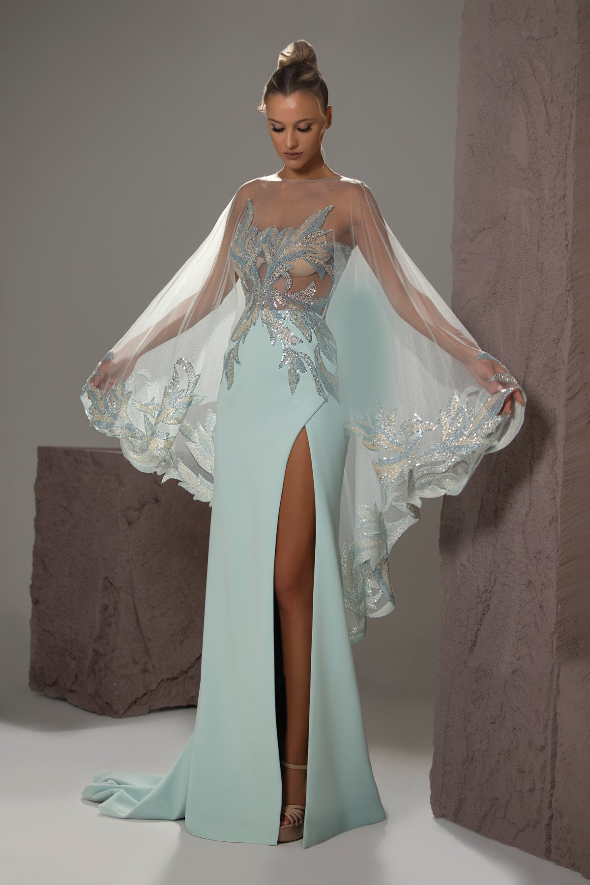 Embroidered Cape-Sleeve Gown