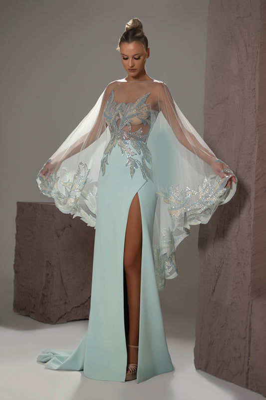 Embroidered Cape-Sleeve Gown