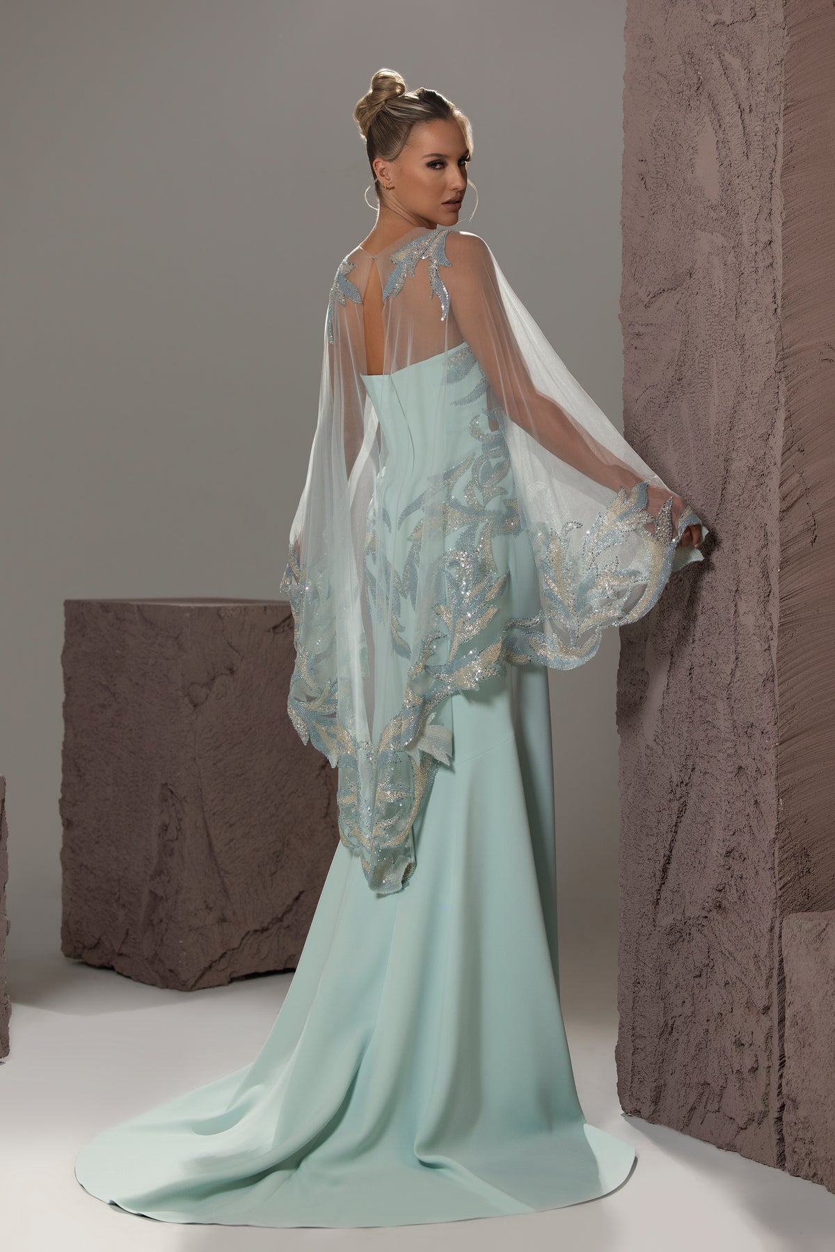 Embroidered Cape-Sleeve Gown