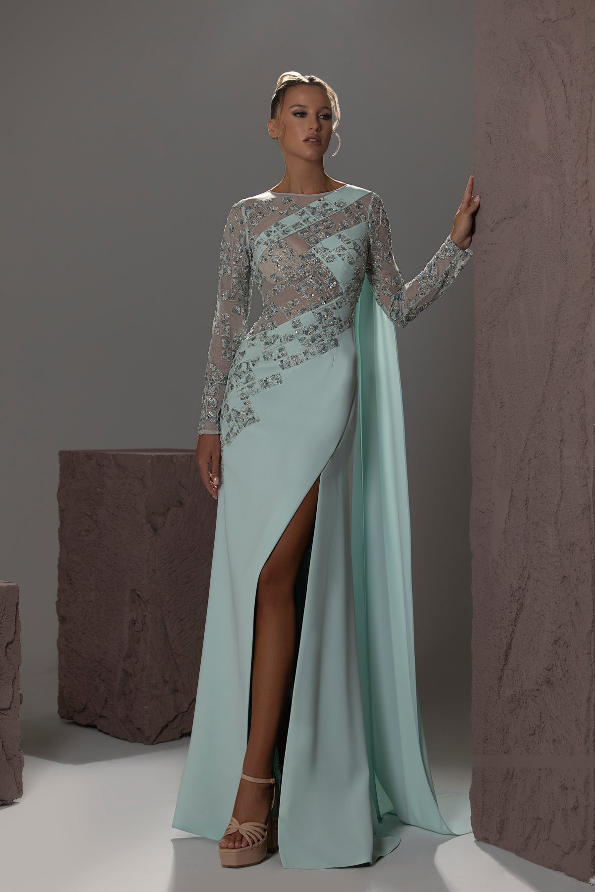 Long-Sleeve Beaded Cape Gown