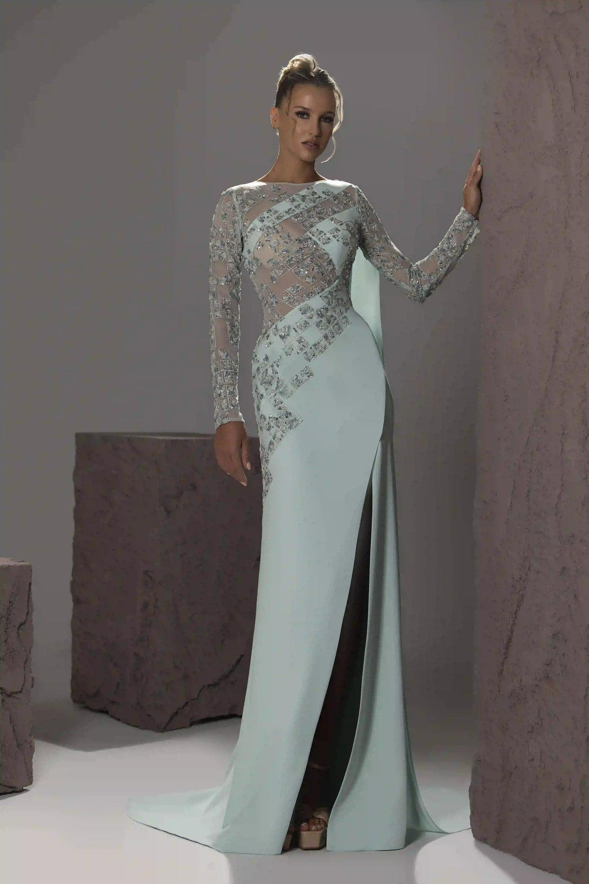 Long-Sleeve Beaded Cape Gown