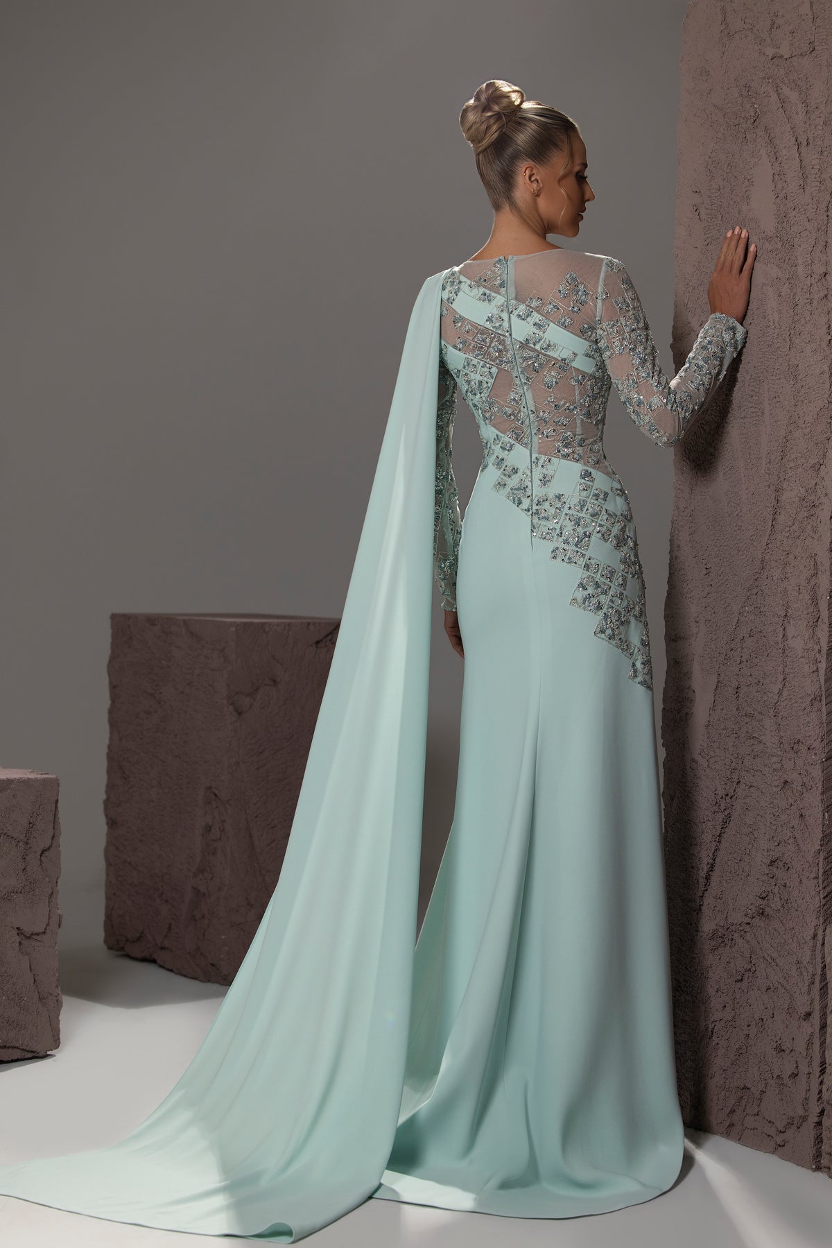 Long-Sleeve Beaded Cape Gown