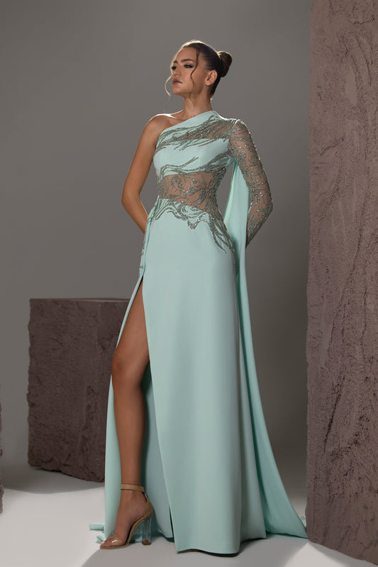 One-Shoulder Embroidered Cape Gown