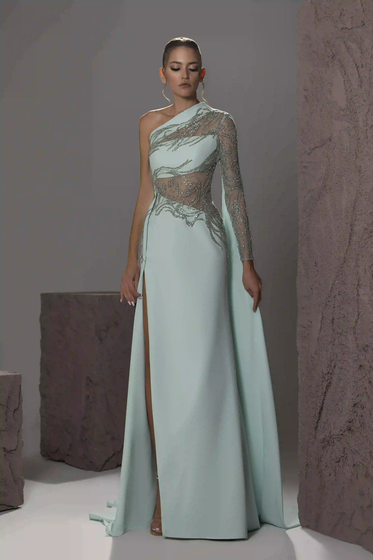 One-Shoulder Embroidered Cape Gown