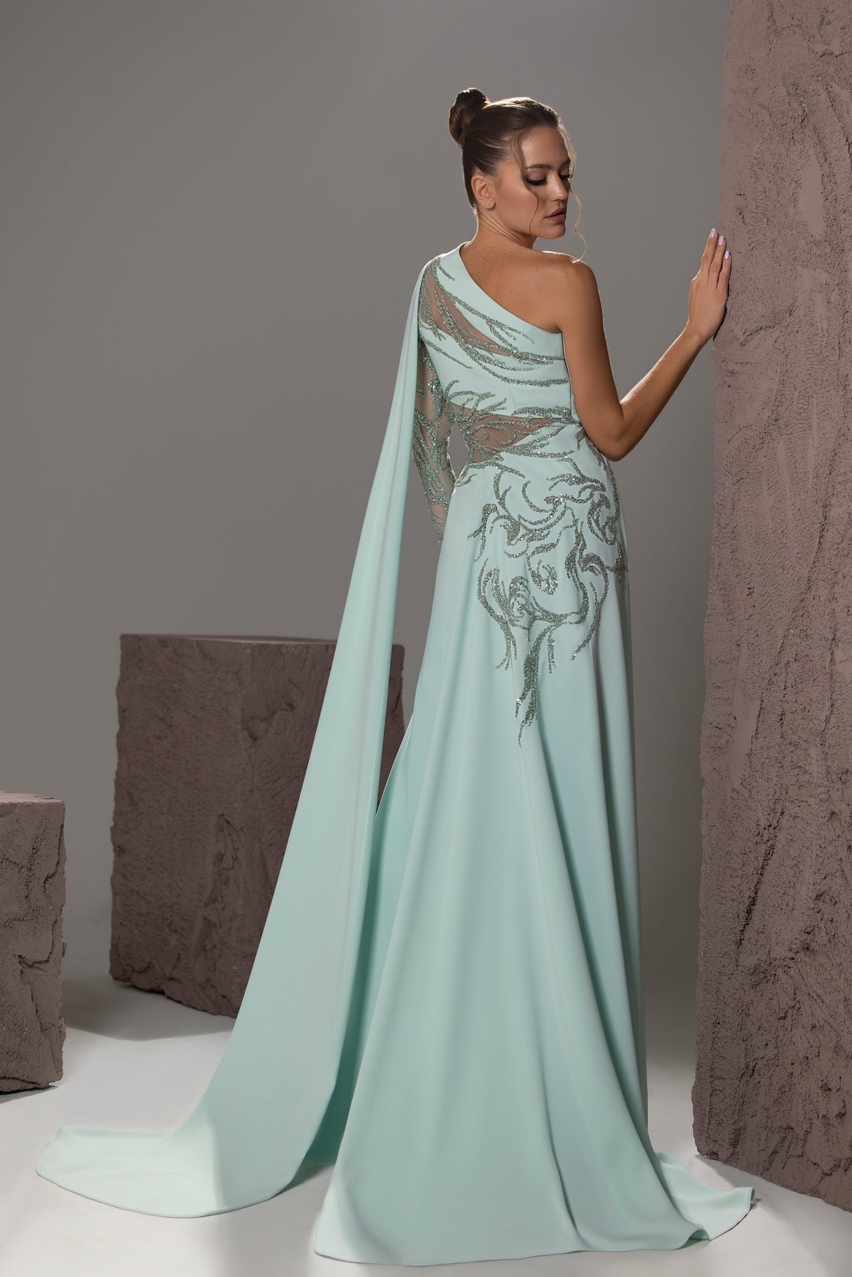 One-Shoulder Embroidered Cape Gown