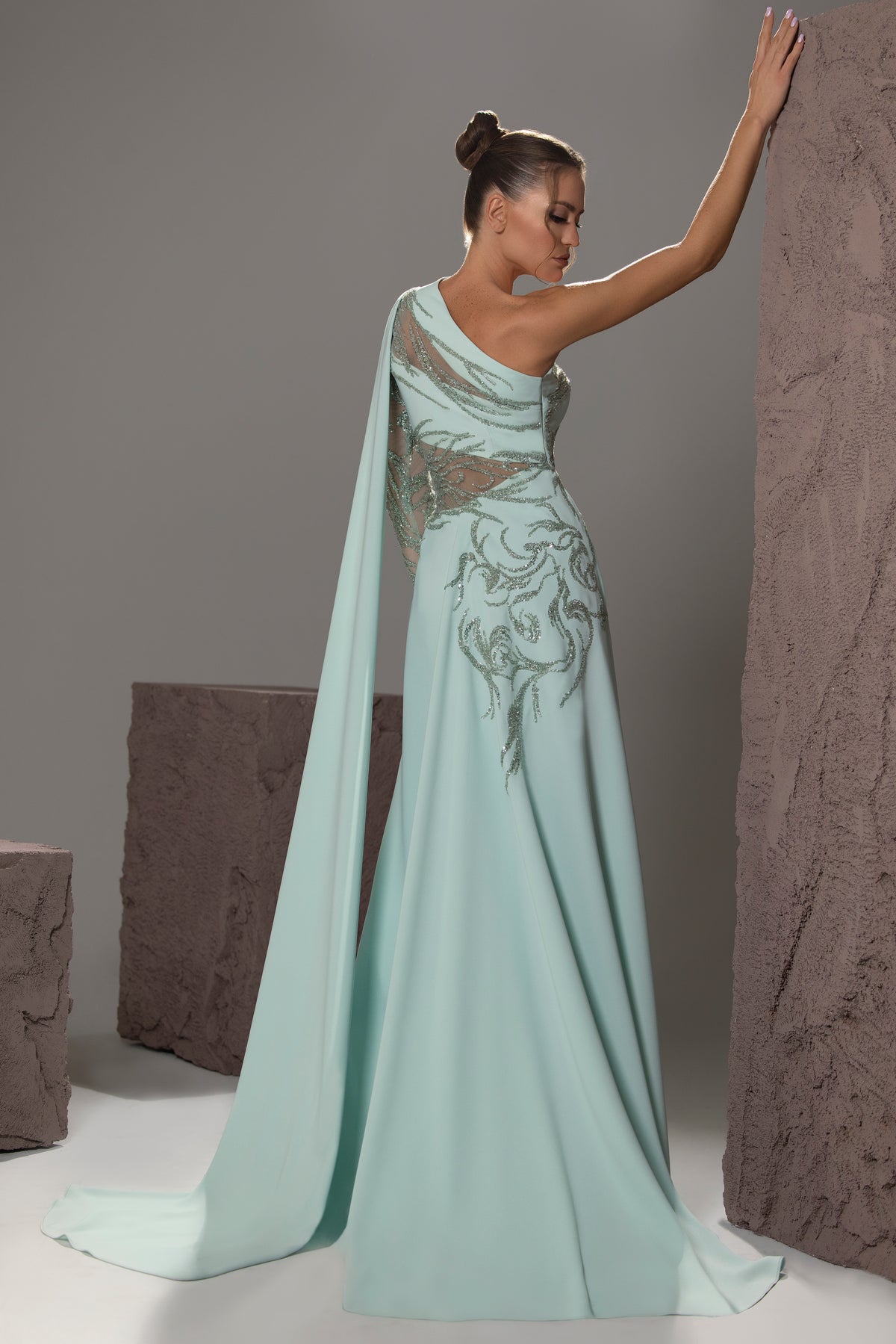 One-Shoulder Embroidered Cape Gown