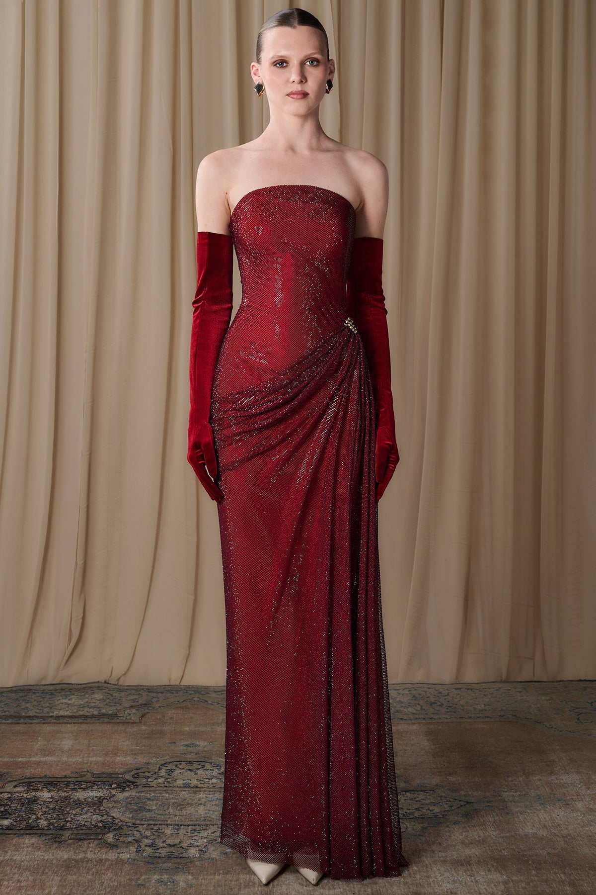 Strapless Brooch-Draped Gown