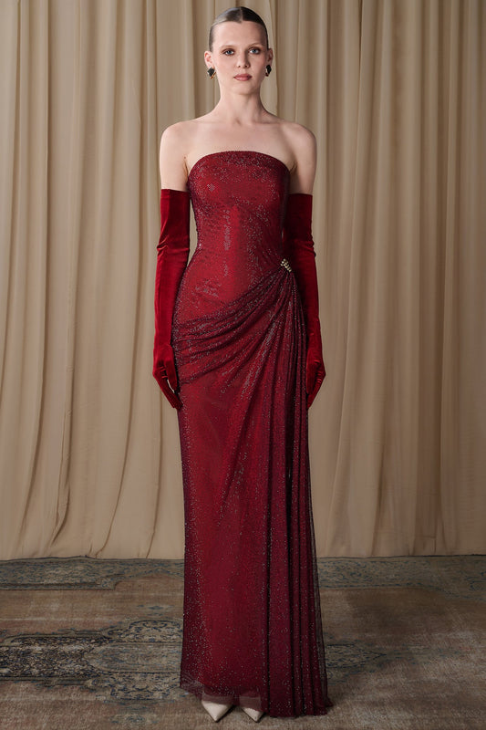 Strapless Brooch-Draped Gown