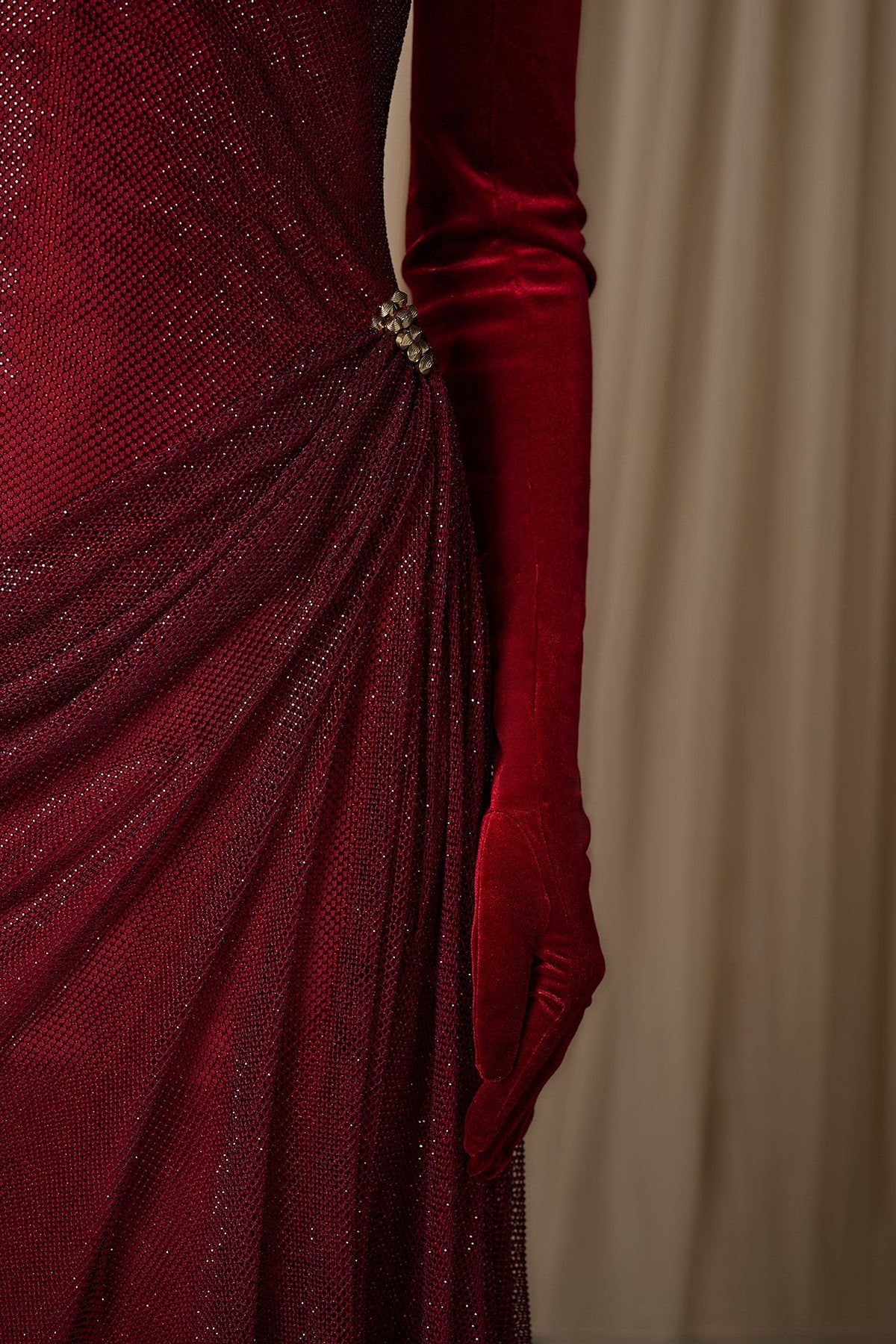 Strapless Brooch-Draped Gown