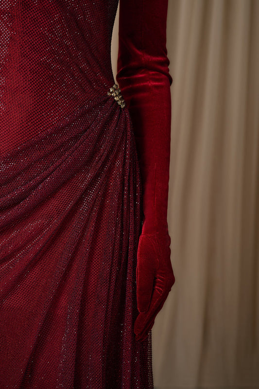 Strapless Brooch-Draped Gown