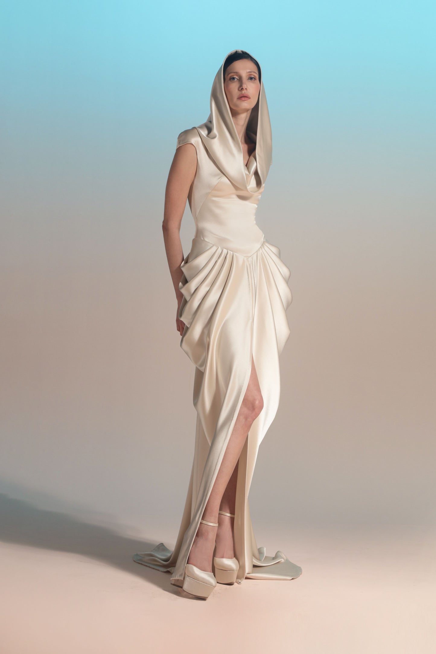 Hooded Draped Satin Gown