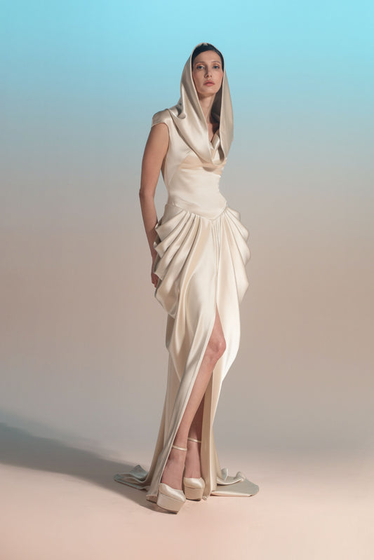 Hooded Draped Satin Gown