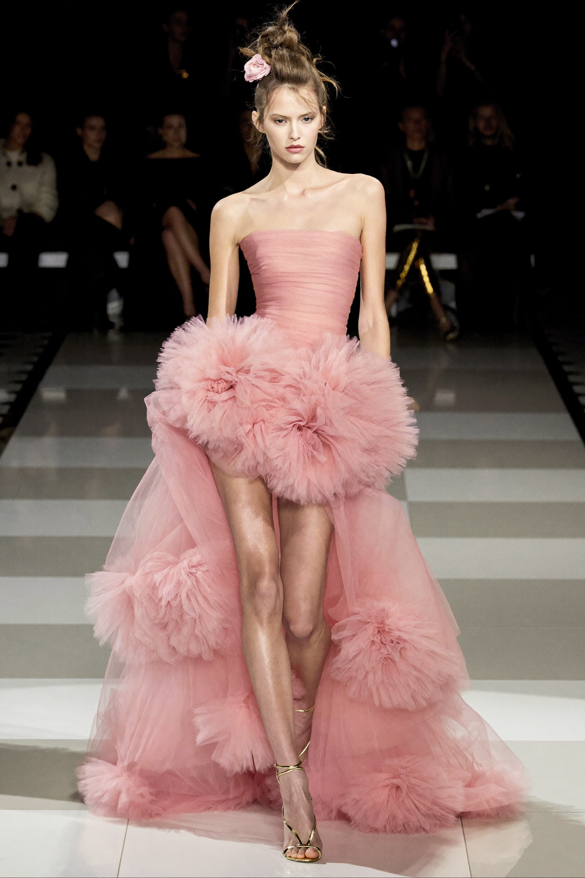 Strapless High-Low Ruffle Gown